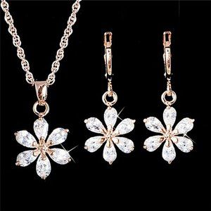 3 piece Crystal Rhinestone Floral Flower 17-19" Necklace & Pierced Earring Set